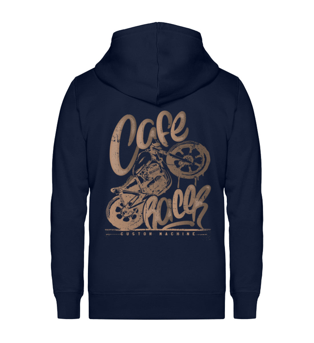 Ein Biker Zip-Hoodie für Motorradfahrer von Wingbikers mit dem Aufdruck, Café Racer - in einem modernen vintage Look, in navy.