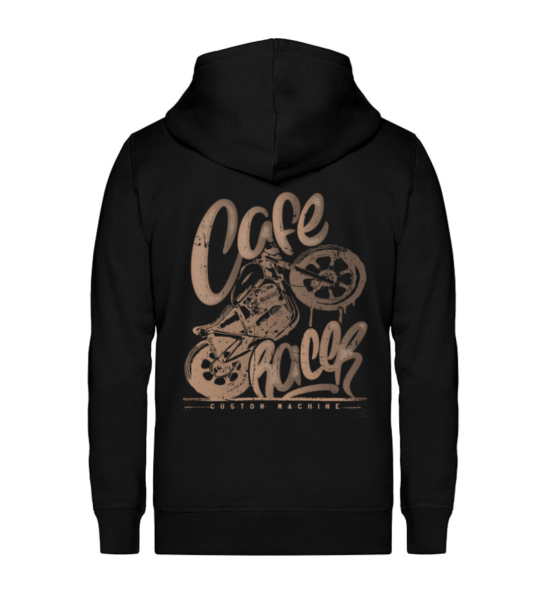Ein Biker Zip-Hoodie für Motorradfahrer von Wingbikers mit dem Aufdruck, Café Racer - in einem modernen vintage Look, in schwarz.