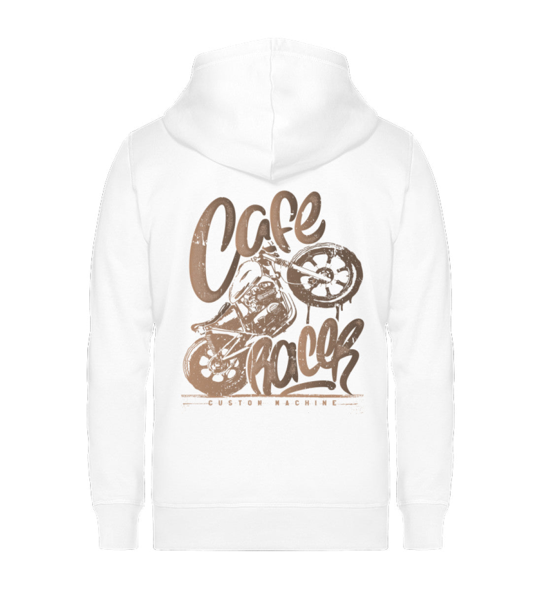 Ein Biker Zip-Hoodie für Motorradfahrer von Wingbikers mit dem Aufdruck, Café Racer - in einem modernen vintage Look, in weiß.