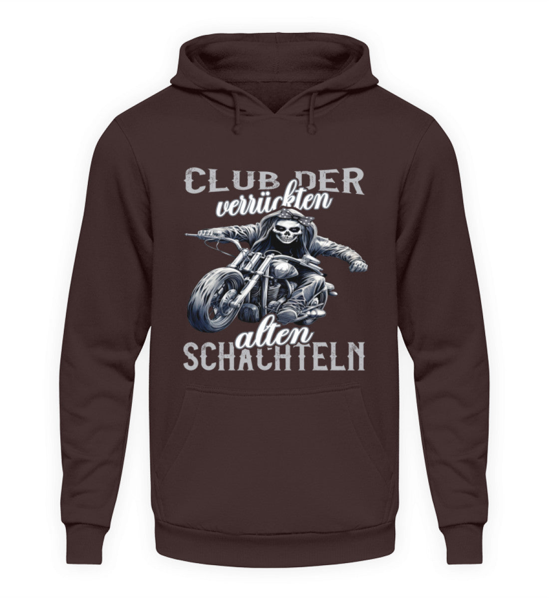 Ein Motorrad Hoodie für Frauen die Motorrad fahren, von Wingbikers mit dem Aufdruck, Club der verrückten alten Schachteln - in braun.