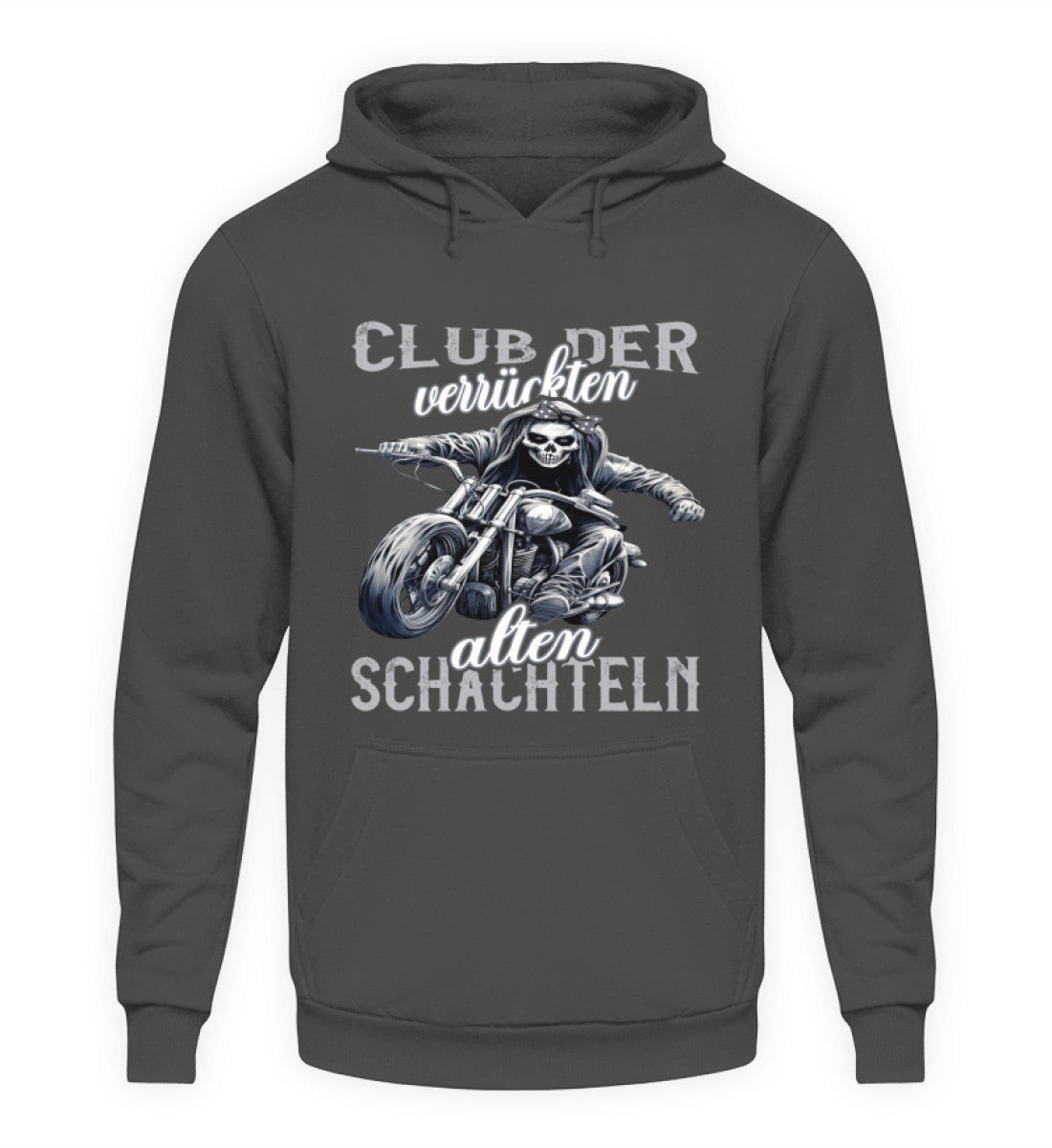 Ein Motorrad Hoodie für Frauen die Motorrad fahren, von Wingbikers mit dem Aufdruck, Club der verrückten alten Schachteln - in grau.