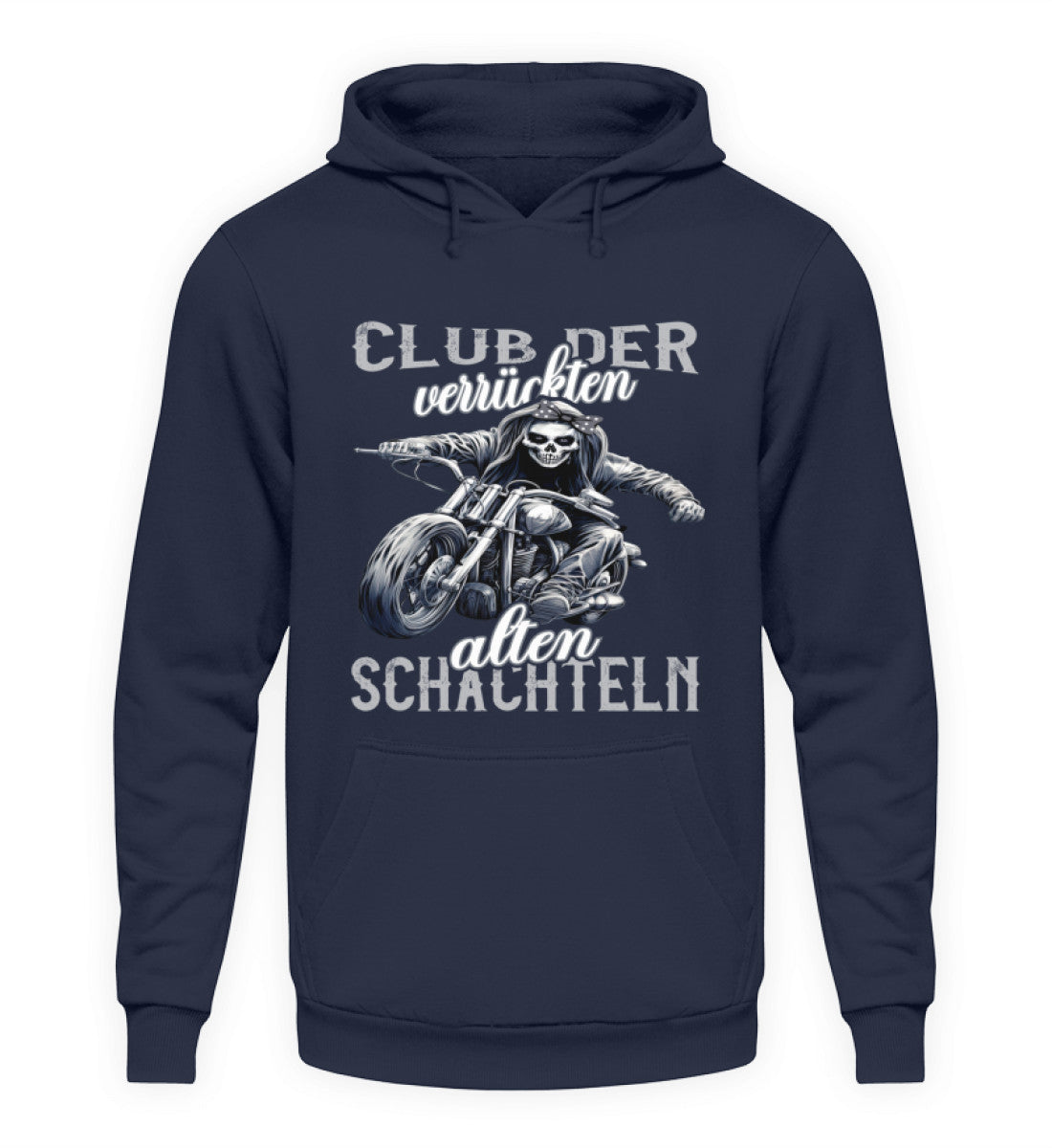 Ein Motorrad Hoodie für Frauen die Motorrad fahren, von Wingbikers mit dem Aufdruck, Club der verrückten alten Schachteln - in navy.