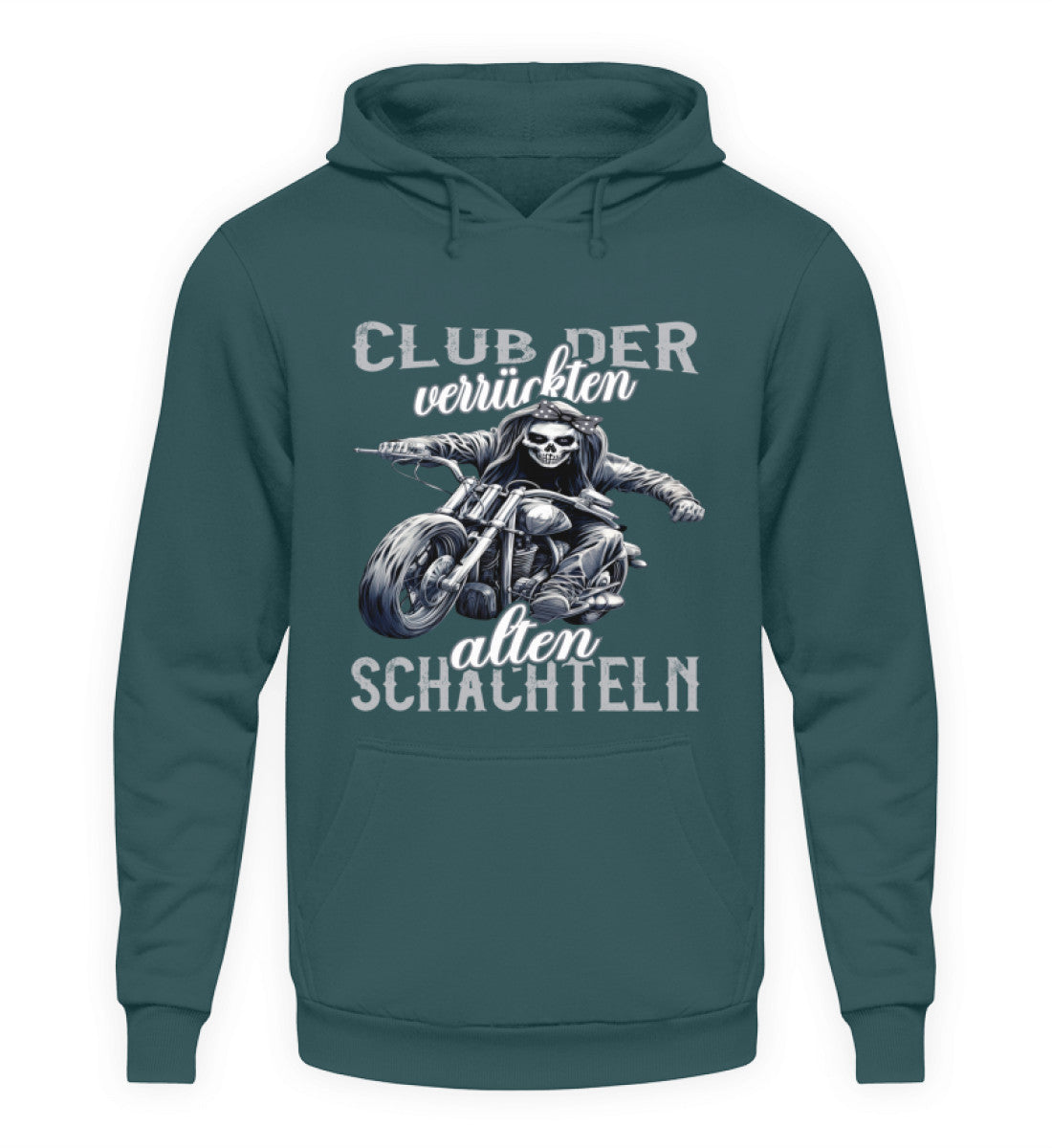 Ein Motorrad Hoodie für Frauen die Motorrad fahren, von Wingbikers mit dem Aufdruck, Club der verrückten alten Schachteln - in petrol.