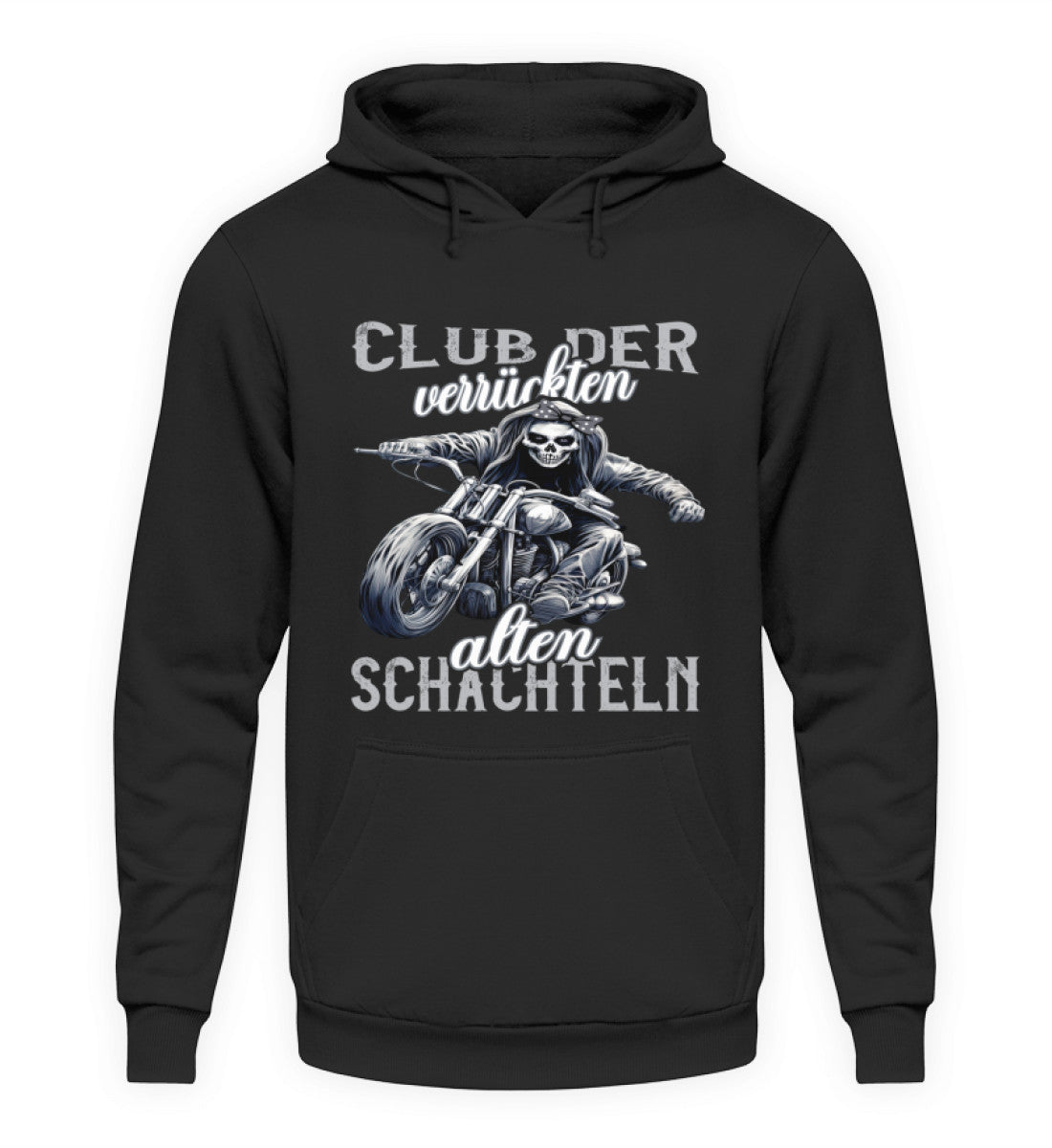 Ein Motorrad Hoodie für Frauen die Motorrad fahren, von Wingbikers mit dem Aufdruck, Club der verrückten alten Schachteln - in schwarz.