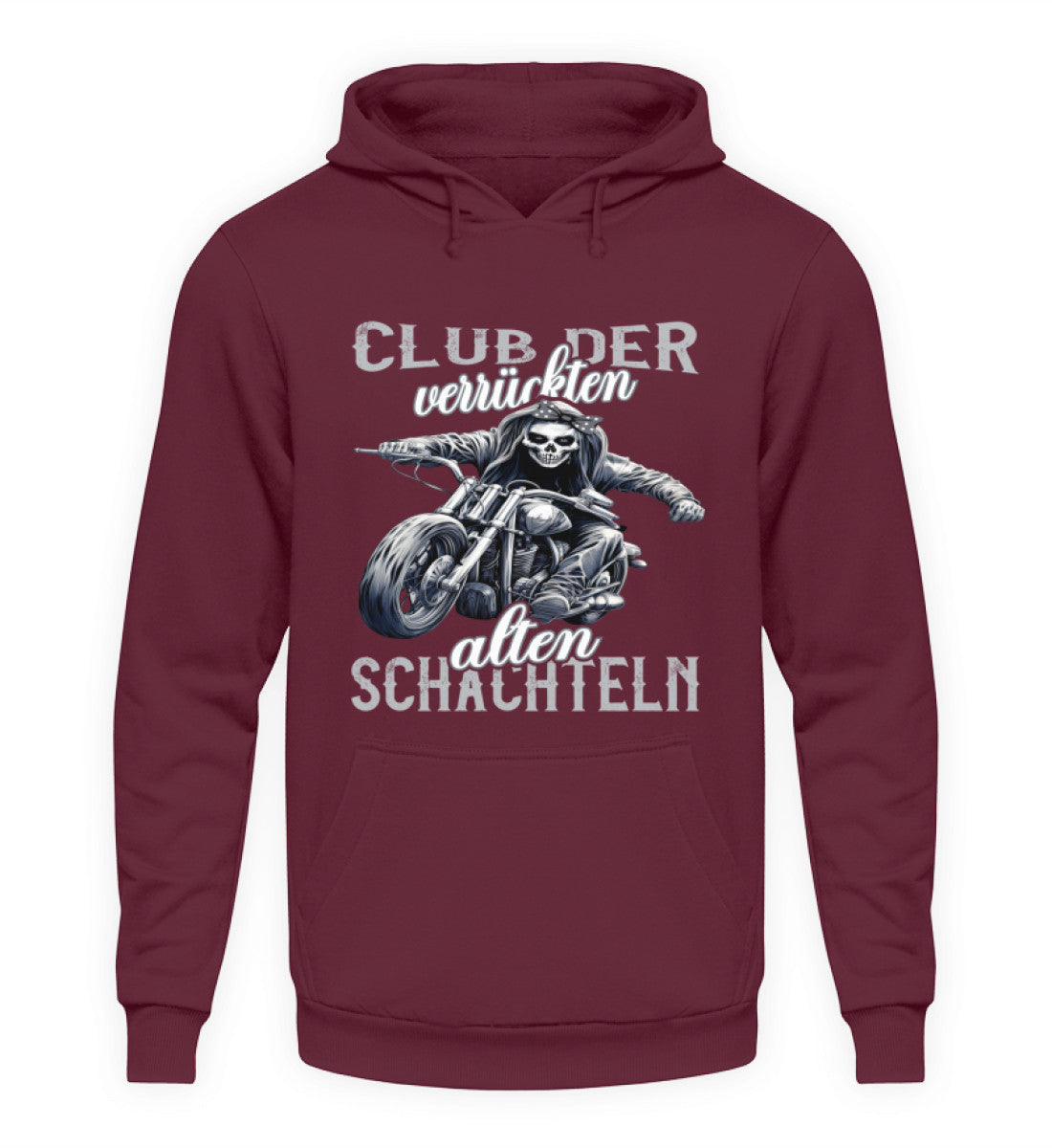 Ein Motorrad Hoodie für Frauen die Motorrad fahren, von Wingbikers mit dem Aufdruck, Club der verrückten alten Schachteln - in burgunder.