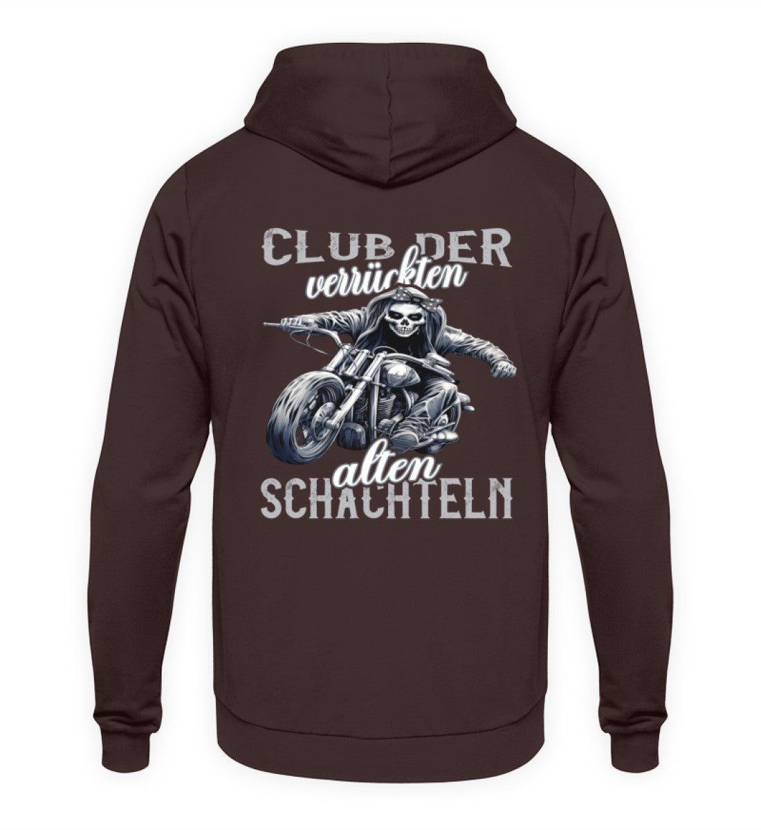 Ein Motorrad Hoodie für Frauen die Motorrad fahren, von Wingbikers mit dem Aufdruck, Club der verrückten alten Schachteln - mit Back Print, in braun.