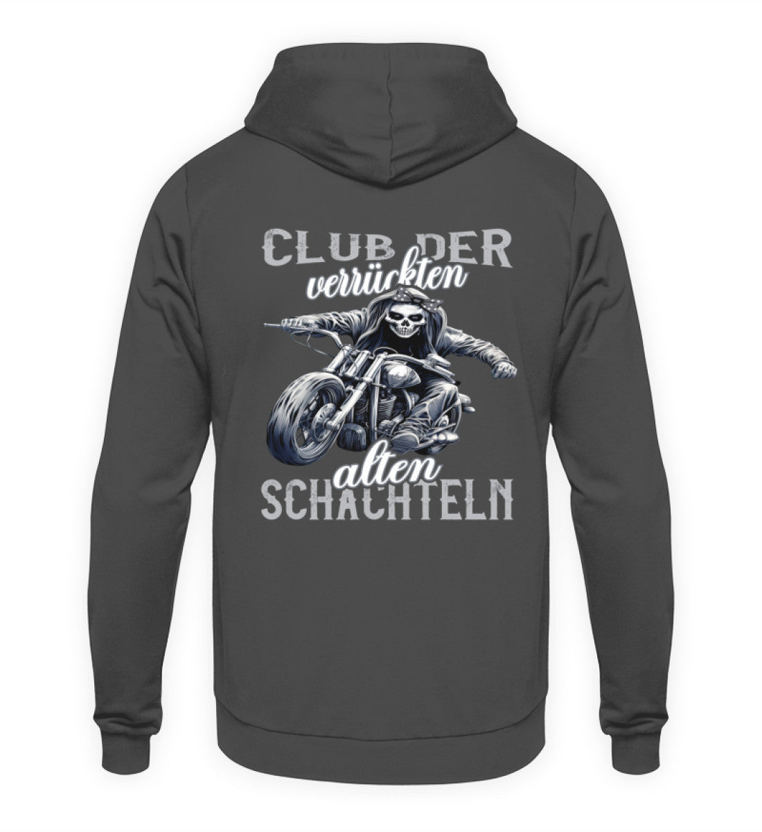 Ein Motorrad Hoodie für Frauen die Motorrad fahren, von Wingbikers mit dem Aufdruck, Club der verrückten alten Schachteln - mit Back Print, in grau.