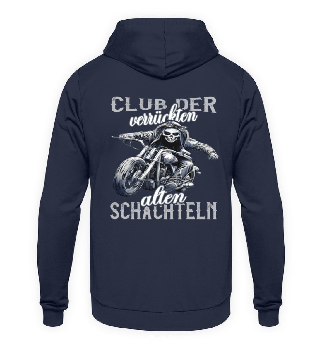 Ein Motorrad Hoodie für Frauen die Motorrad fahren, von Wingbikers mit dem Aufdruck, Club der verrückten alten Schachteln - mit Back Print, in navy.