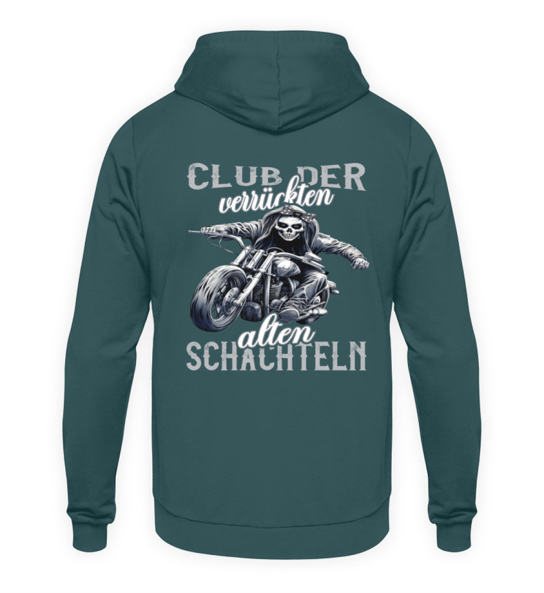 Ein Motorrad Hoodie für Frauen die Motorrad fahren, von Wingbikers mit dem Aufdruck, Club der verrückten alten Schachteln - mit Back Print, in petrol.