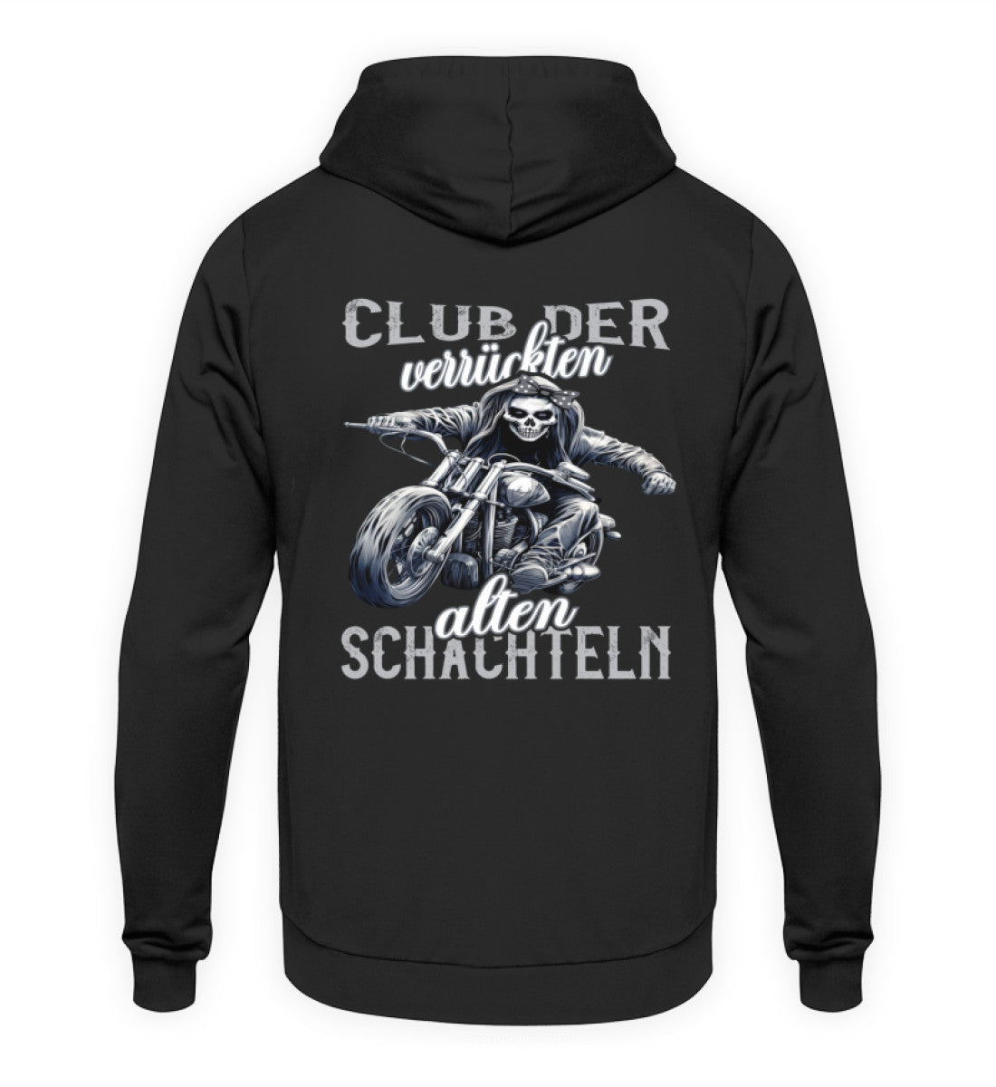 Ein Motorrad Hoodie für Frauen die Motorrad fahren, von Wingbikers mit dem Aufdruck, Club der verrückten alten Schachteln - mit Back Print, in schwarz.