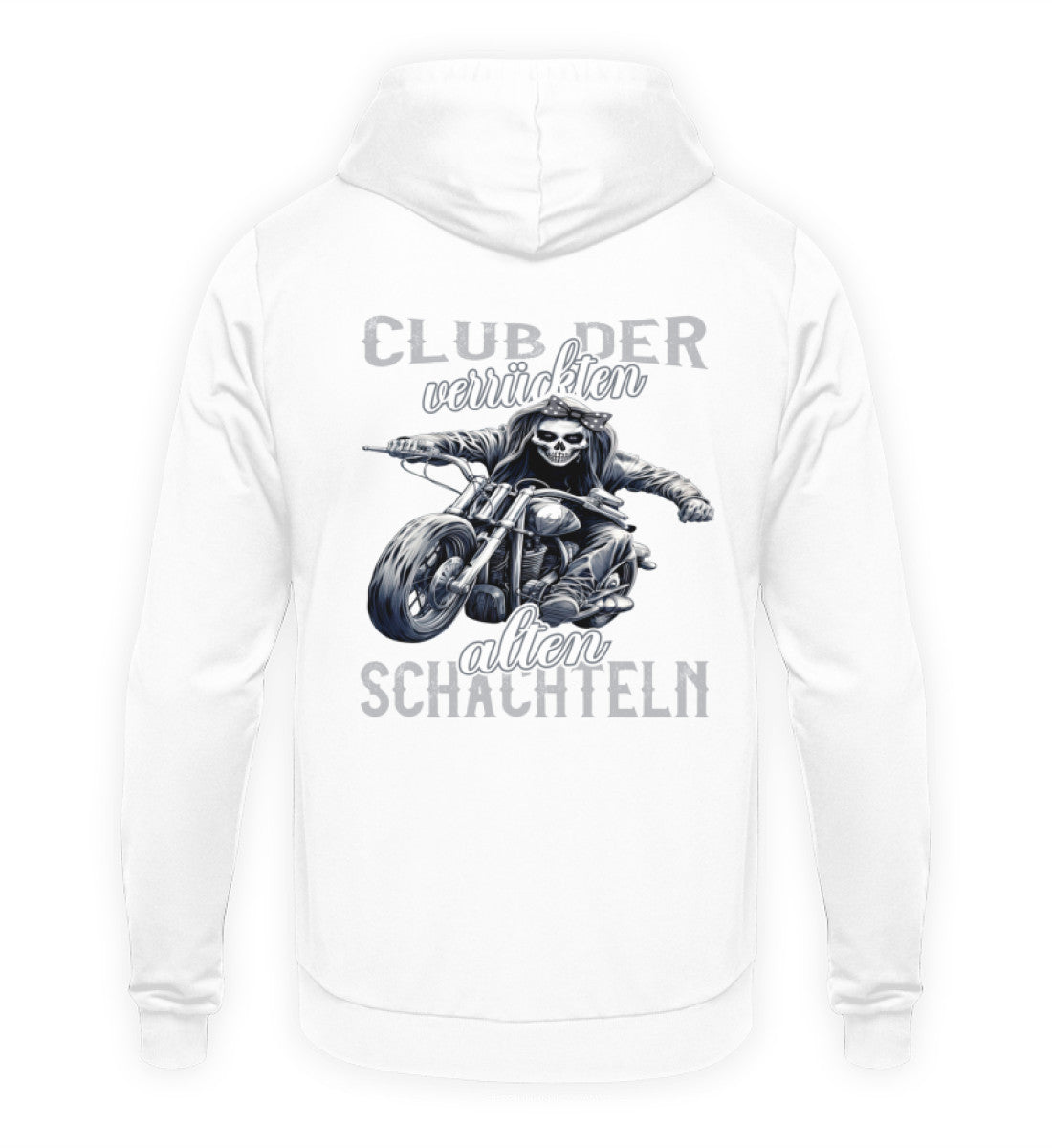 Ein Motorrad Hoodie für Frauen die Motorrad fahren, von Wingbikers mit dem Aufdruck, Club der verrückten alten Schachteln - mit Back Print, in weiß.