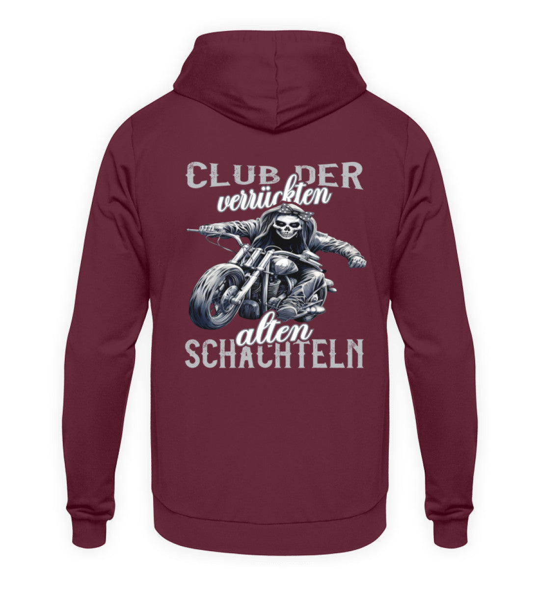 Ein Motorrad Hoodie für Frauen die Motorrad fahren, von Wingbikers mit dem Aufdruck, Club der verrückten alten Schachteln - mit Back Print, in burgunder.