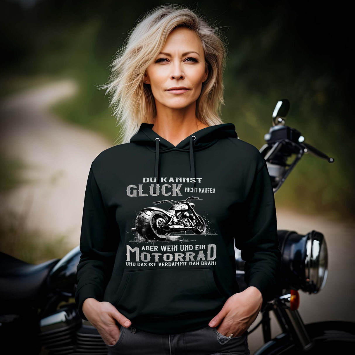 Eine Motorradfahrerin mit einem Hoodie von Wingbikers mit dem Aufdruck, Du kannst Glück nicht kaufen, aber Wein und ein Motorrad und das ist verdammt nah dran! - in schwarz.
