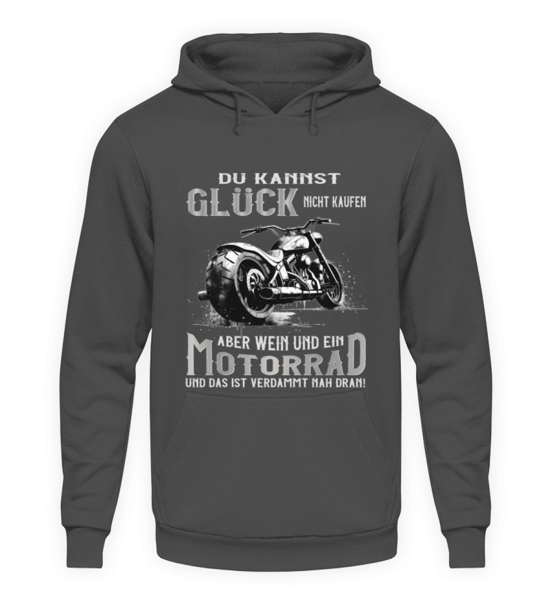 Ein Biker Hoodie für Motorradfahrer von Wingbikers mit dem Aufdruck, Du kannst Glück nicht kaufen, aber Wein und ein Motorrad und das ist verdammt nah dran! - in dunkelgrau.