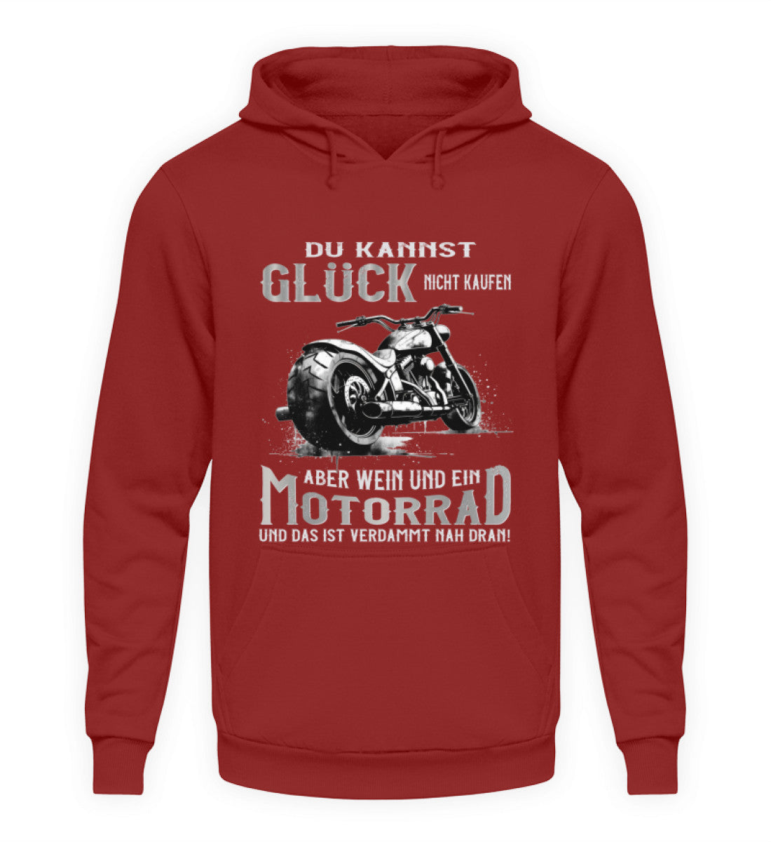 Ein Biker Hoodie für Motorradfahrer von Wingbikers mit dem Aufdruck, Du kannst Glück nicht kaufen, aber Wein und ein Motorrad und das ist verdammt nah dran! - in rot.