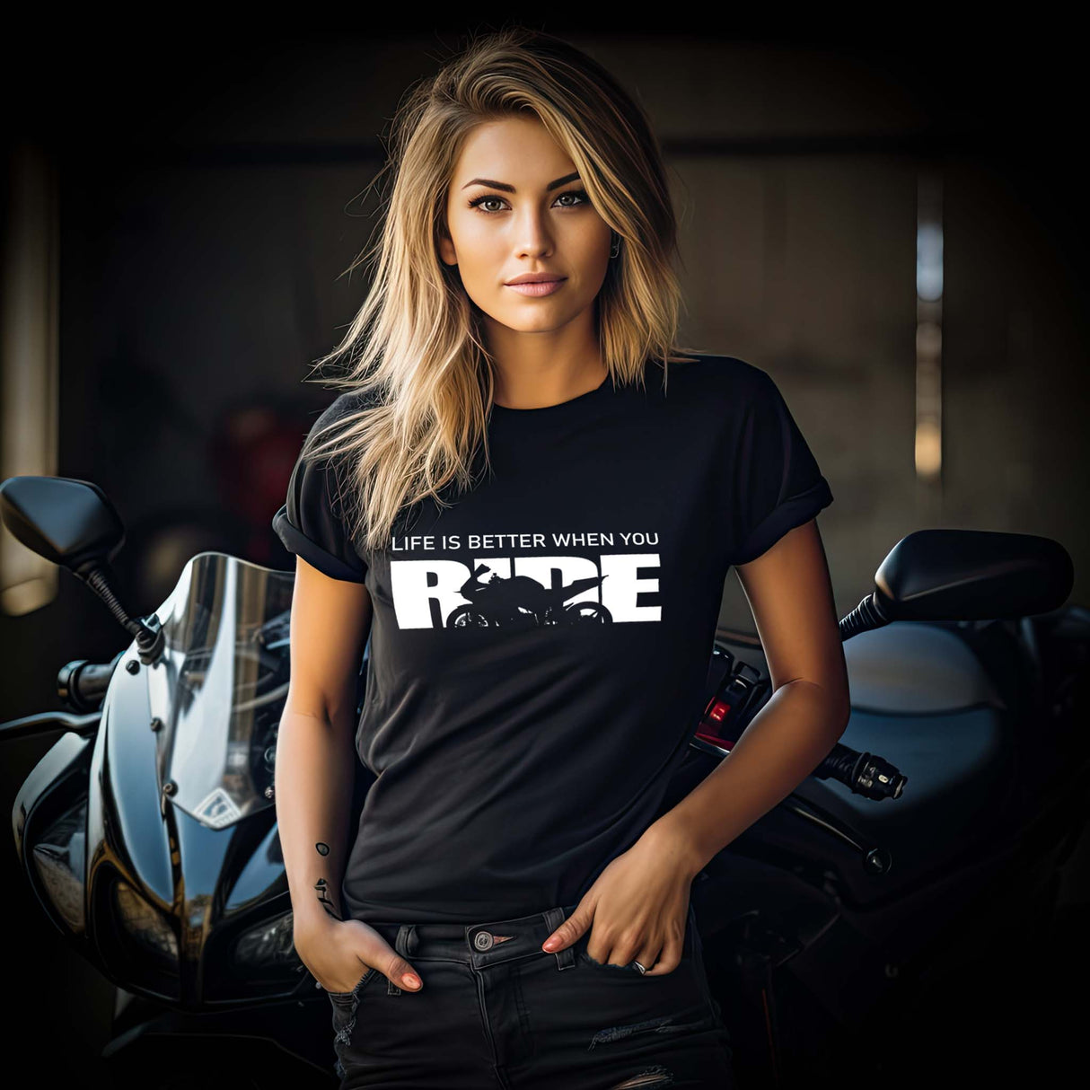 Eine Motorradfahrerin mit einem T-Shirt für Motorradfahrerinnen von Wingbikers mit dem weißen Schriftzug, Life Is Better When You Ride - in schwarz.