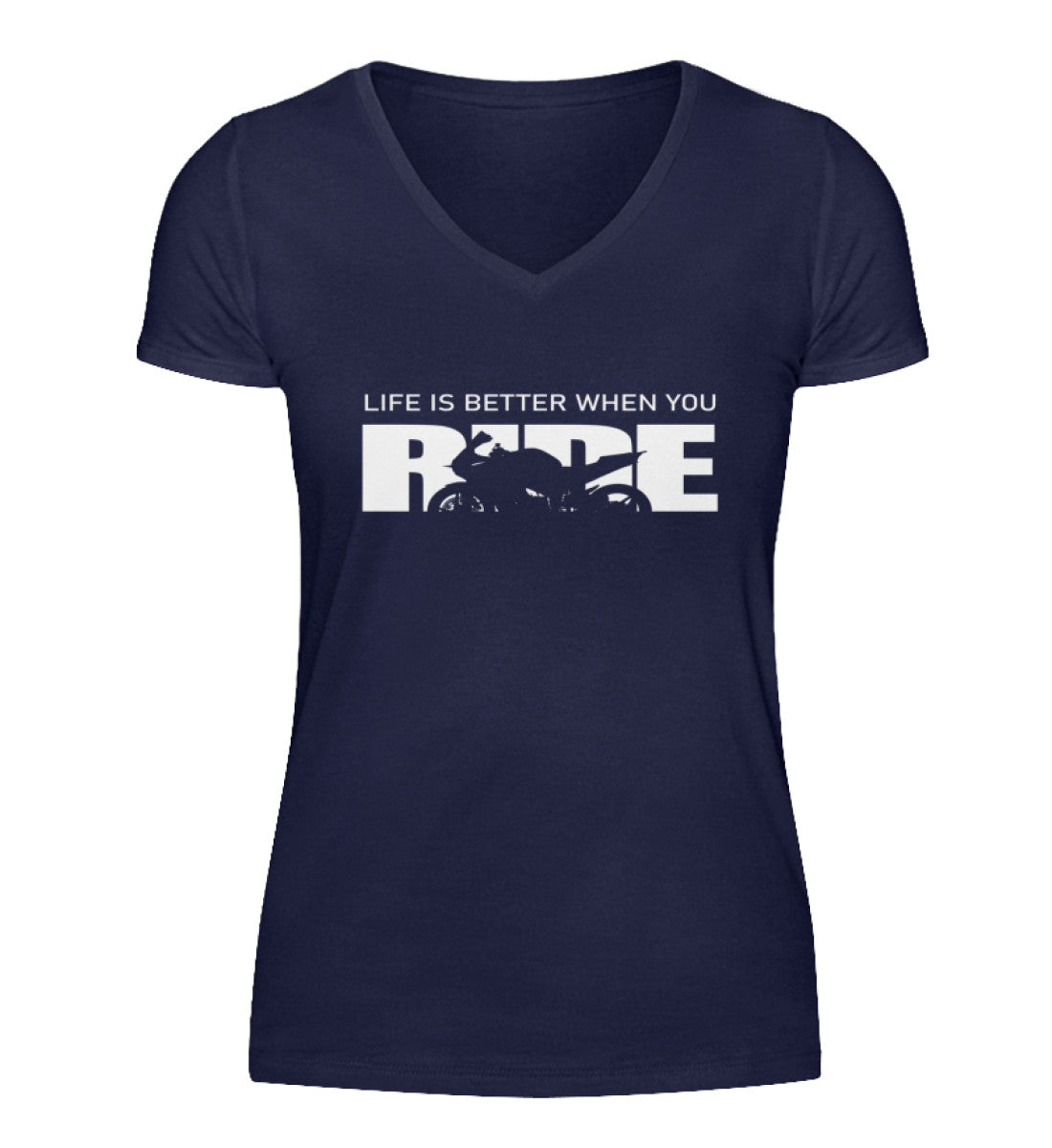 Ein Damen T-Shirt mit V-Ausschnitt für Motorradfahrerinnen von Wingbikers mit dem Schriftzug, Life Is Better When You Ride - mit einem Motorrad, in navy.