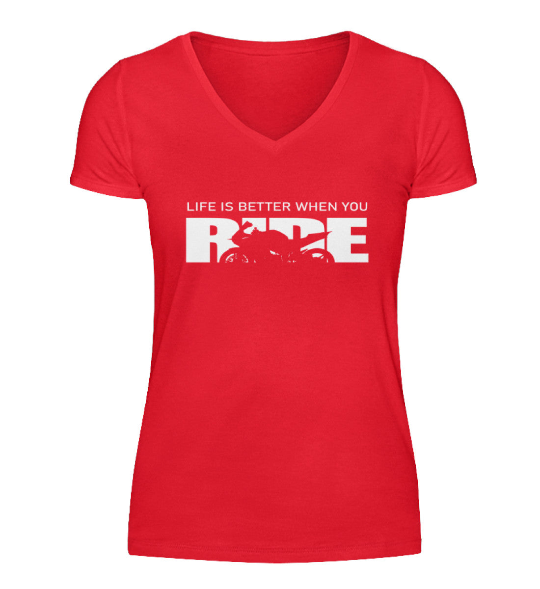 Ein Damen T-Shirt mit V-Ausschnitt für Motorradfahrerinnen von Wingbikers mit dem Schriftzug, Life Is Better When You Ride - mit einem Motorrad, in rot.