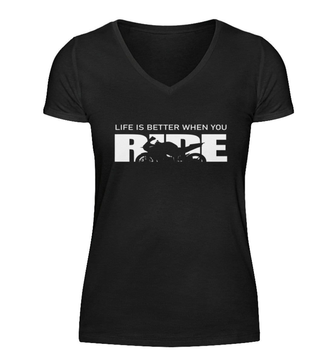 Ein Damen T-Shirt mit V-Ausschnitt für Motorradfahrerinnen von Wingbikers mit dem Schriftzug, Life Is Better When You Ride - mit einem Motorrad, in schwarz.