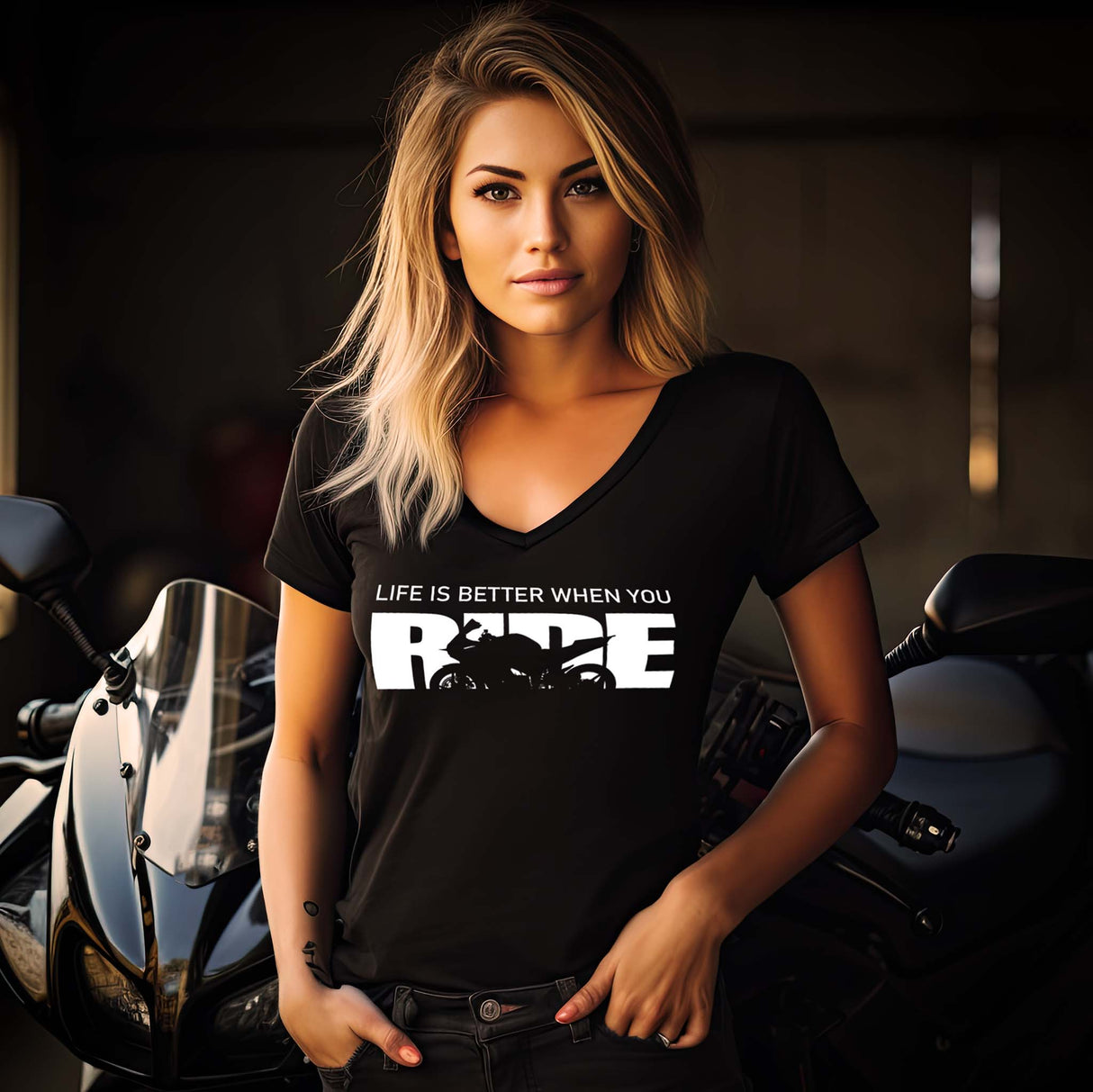 Eine Motorradfahrerin mit einem Damen Motorrad T-Shirt mit V-Ausschnitt von Wingbikers, mit dem Schriftzug, Life Is Better When You Ride, in schwarz.