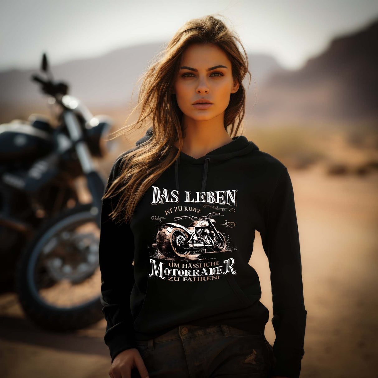 Ein Motorradfahrerin mit einem Hoodie von Wingbikers mit dem Aufdruck, Das Leben ist zu kurz, um hässliche Motorräder zu fahren - in schwarz.
