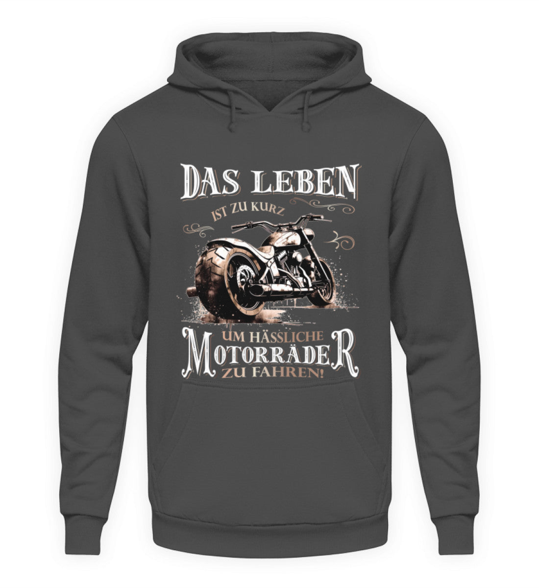 Ein Biker Hoodie für Motorradfahrer von Wingbikers mit dem Aufdruck, Das Leben ist zu kurz, um hässliche Motorräder zu fahren - in dunkelgrau.