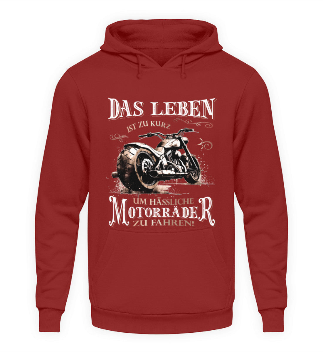 Ein Biker Hoodie für Motorradfahrer von Wingbikers mit dem Aufdruck, Das Leben ist zu kurz, um hässliche Motorräder zu fahren - in rot.