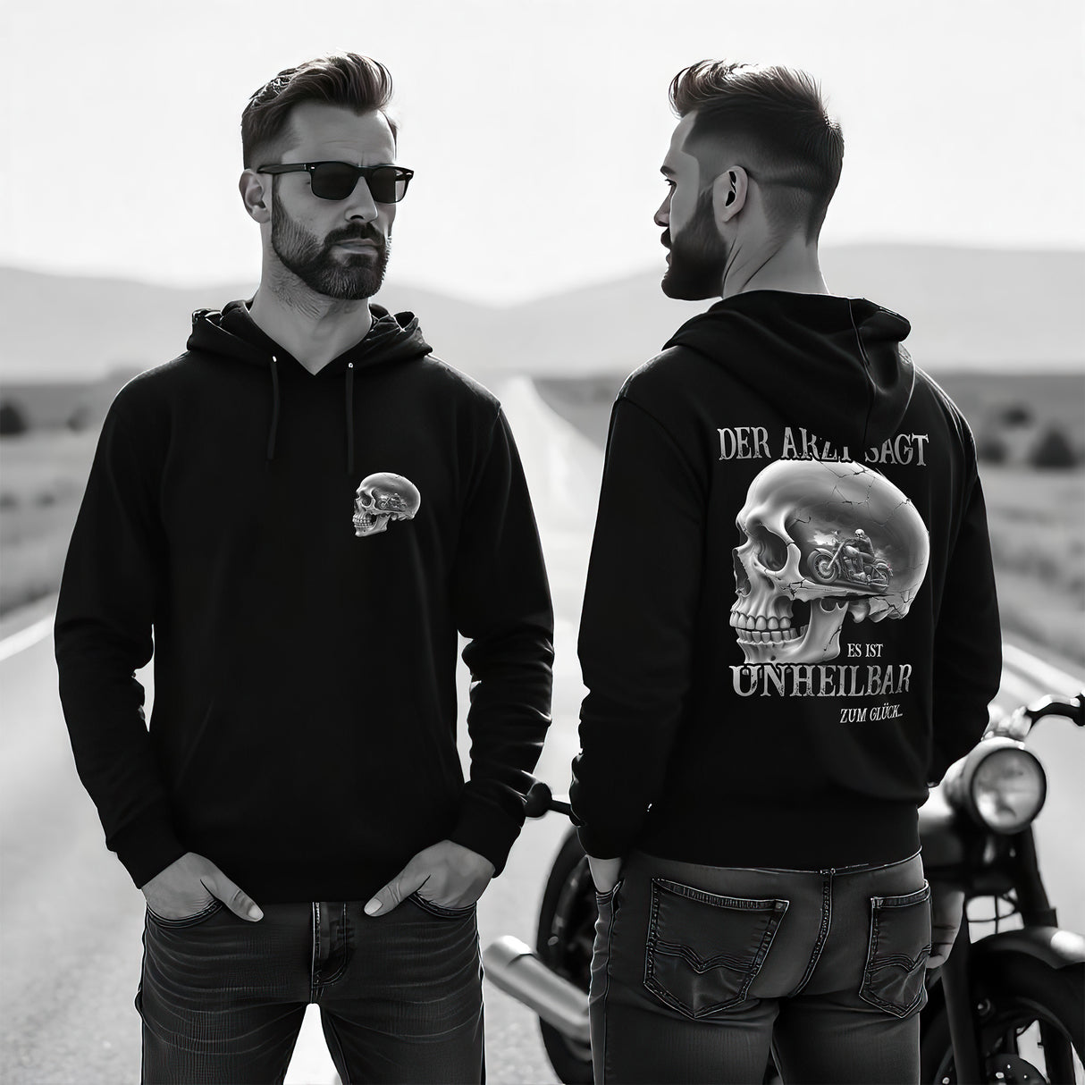 Ein Biker mit einem Hoodie für Motorradfahrer von Wingbikers mit dem Aufdruck, Der Arzt sagt, es ist unheilbar - Zum Glück!, in schwarz.