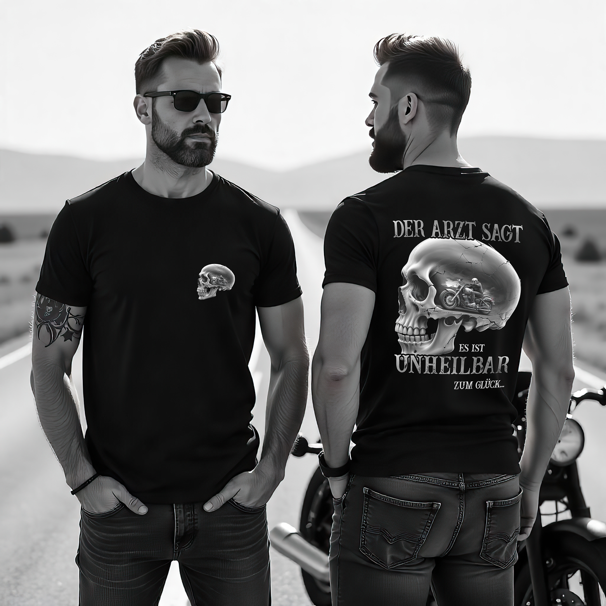 Ein Biker mit einem Shirt für Motorradfahrer von Wingbikers mit dem Aufdruck, Der Arzt sagt es ist unheilbar - Zum Glück!, in schwarz,