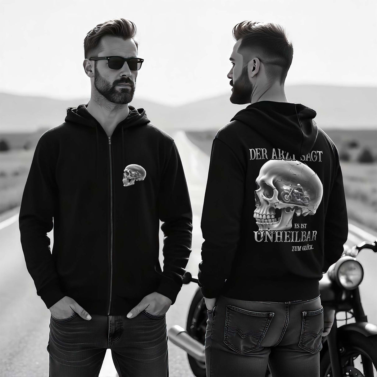 Der Arzt sagt, es ist unheilbar - Zum Glück! Biker Zip-Hoodie mit Front & Backprint