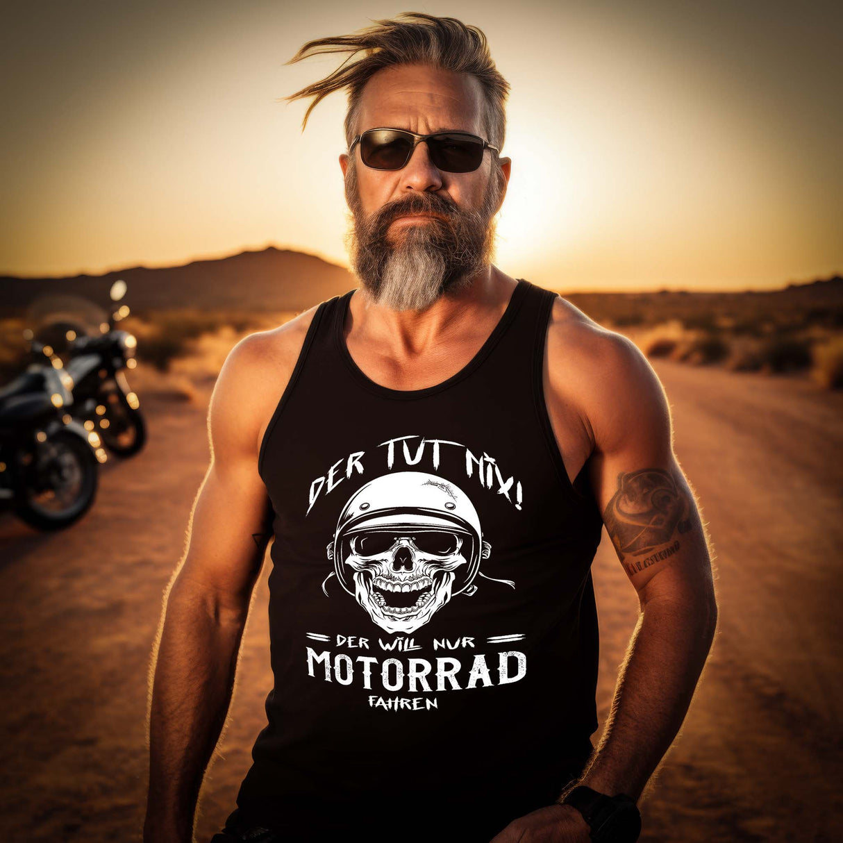 Ein Biker mit einem Tanktop für Motorradfahrer von Wingbikers mit dem Aufdruck: Der tut nix - Der will nur Motorrad fahren - in schwarz.