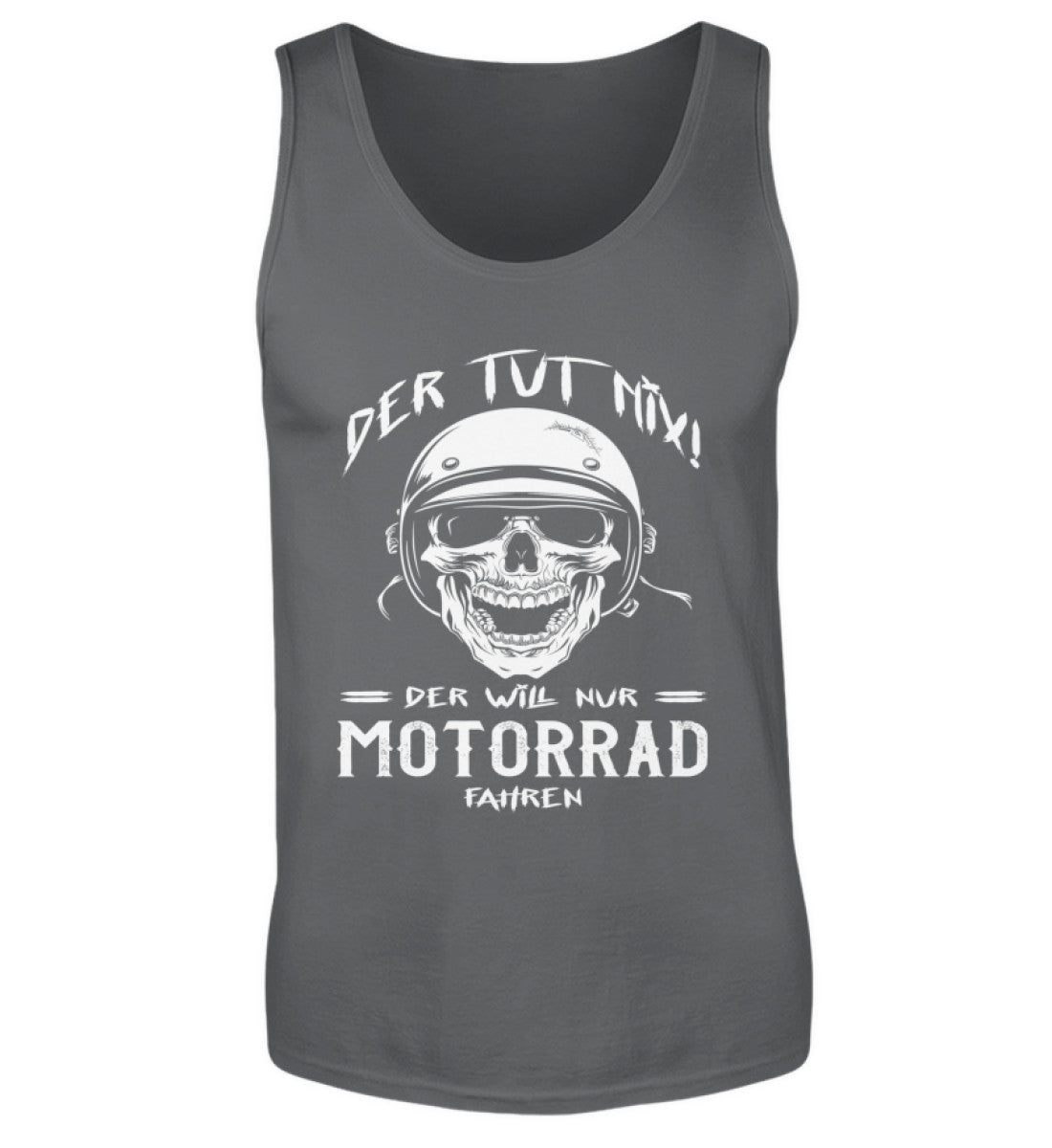 Ein Biker Tanktop für Motorradfahrer von Wingbikers mit dem Aufdruck: Der tut nix - Der will nur Motorrad fahren - in dunkelgrau.