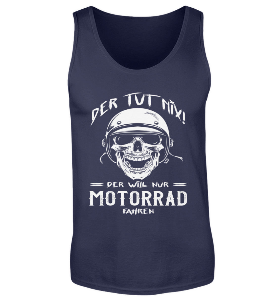 Ein Biker Tanktop für Motorradfahrer von Wingbikers mit dem Aufdruck: Der tut nix - Der will nur Motorrad fahren - in navy.