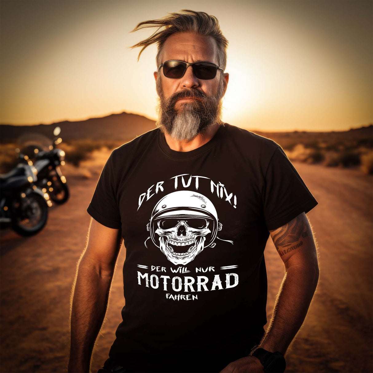 Ein Biker mit einem T-Shirt für Motorradfahrer von Wingbikers mit dem Aufdruck, Der tut nix - Der will nur Motorrad fahren - in schwarz.