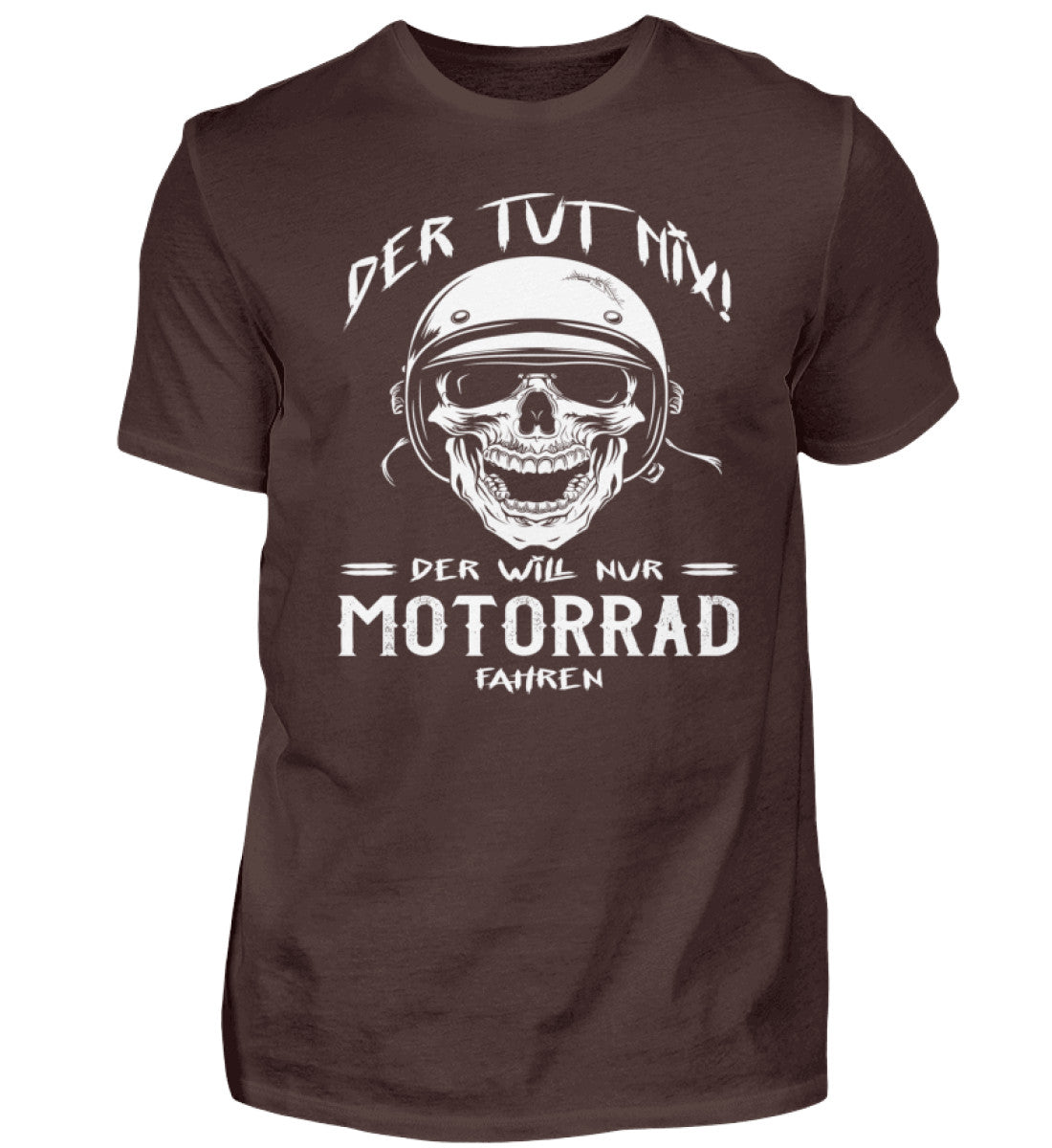 Ein Biker T-Shirt für Motorradfahrer von Wingbikers mit dem Aufdruck, Der tut nix - Der will nur Motorrad fahren - in braun.