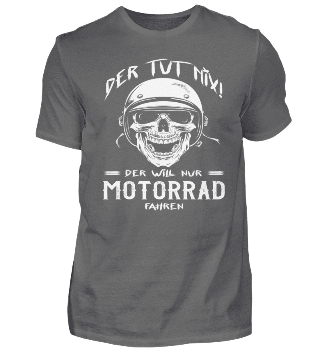 Ein Biker T-Shirt für Motorradfahrer von Wingbikers mit dem Aufdruck, Der tut nix - Der will nur Motorrad fahren - in dunkelgrau.