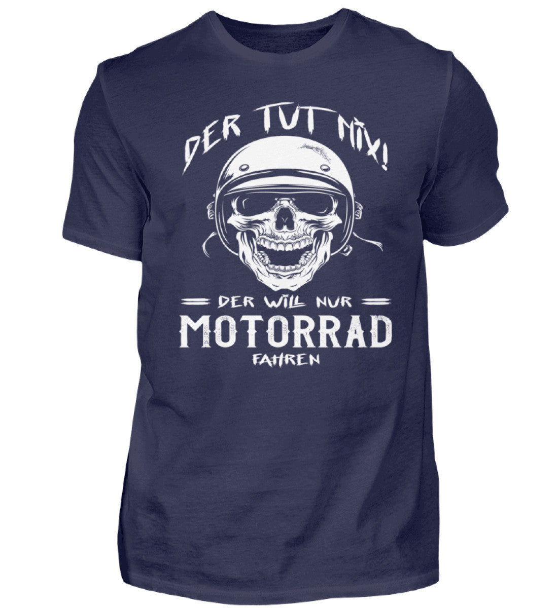 Ein Biker T-Shirt für Motorradfahrer von Wingbikers mit dem Aufdruck, Der tut nix - Der will nur Motorrad fahren - in navy.