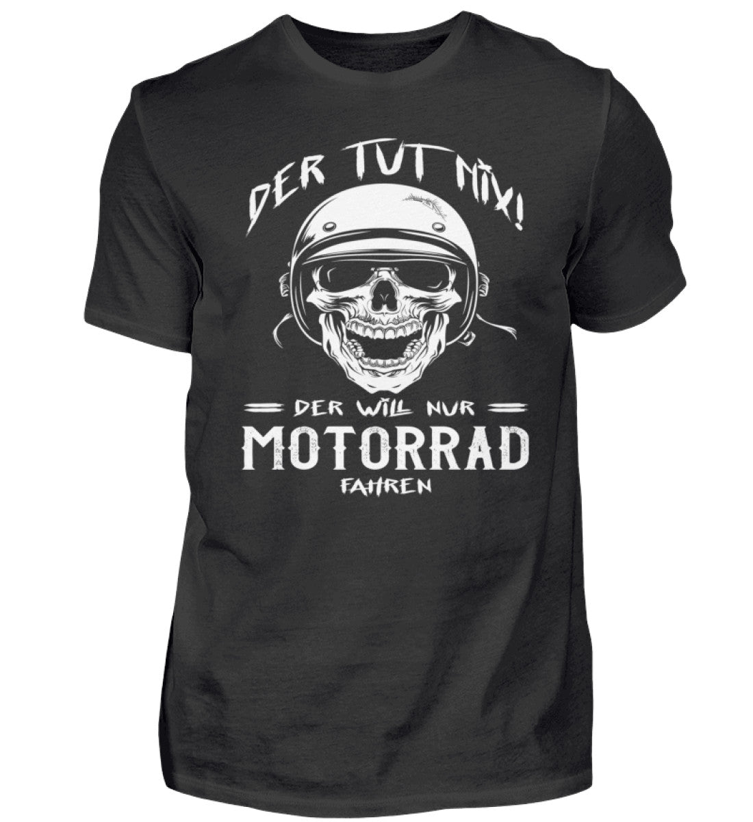 Ein Biker T-Shirt für Motorradfahrer von Wingbikers mit dem Aufdruck, Der tut nix - Der will nur Motorrad fahren - in schwarz.