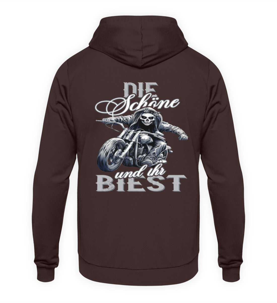 Ein Hoodie für Motorradfahrerinnen von Wingbikers mit dem Aufdruck, Die Schöne und ihr Biest - mit Back Print, in braun.