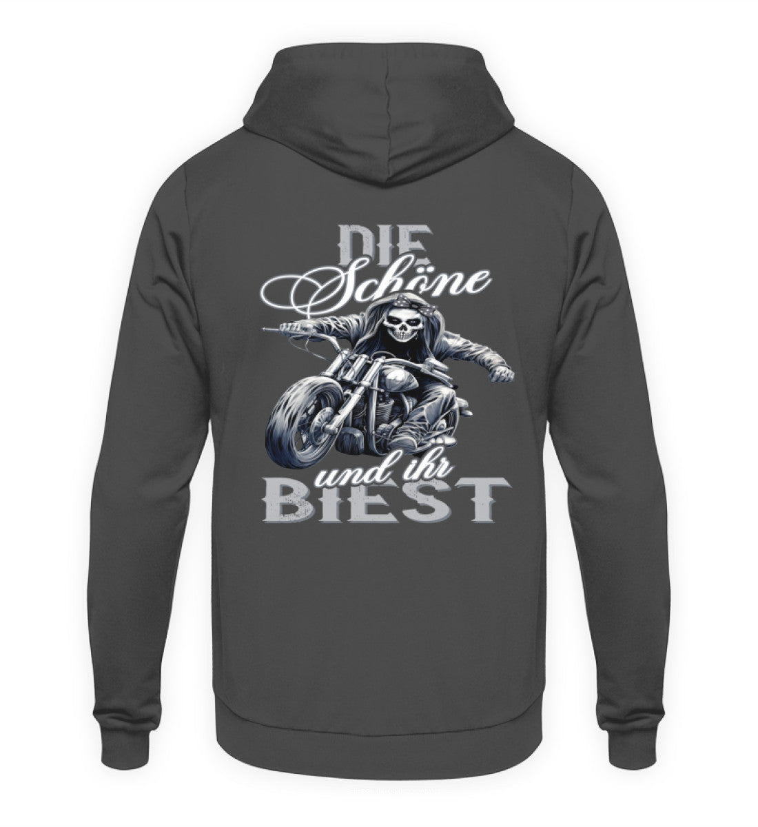 Ein Hoodie für Motorradfahrerinnen von Wingbikers mit dem Aufdruck, Die Schöne und ihr Biest - mit Back Print, in stahlgrau.