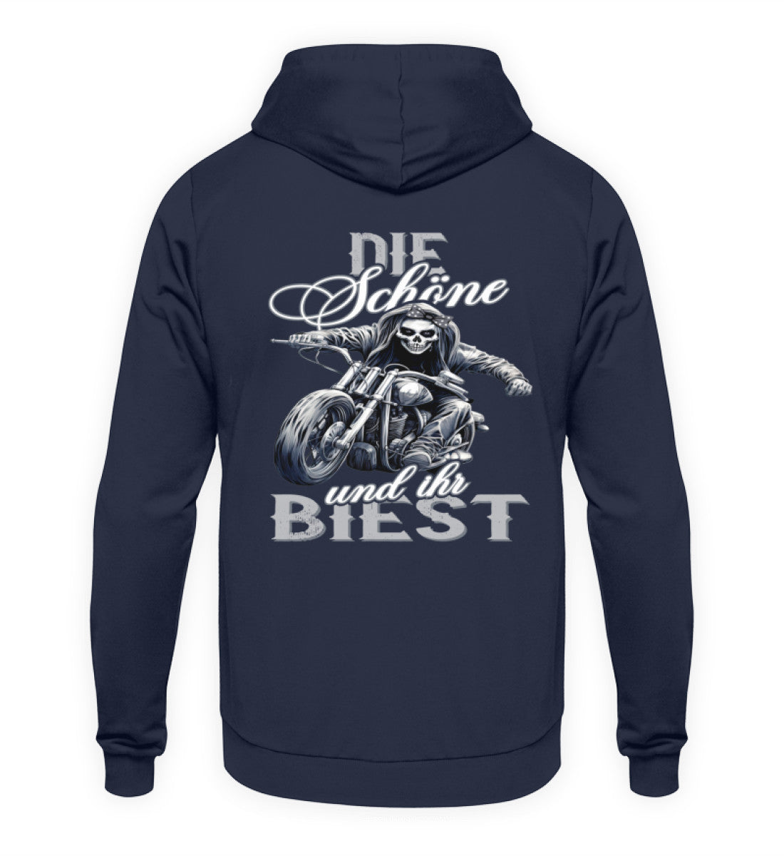 Ein Hoodie für Motorradfahrerinnen von Wingbikers mit dem Aufdruck, Die Schöne und ihr Biest - mit Back Print, in navy.