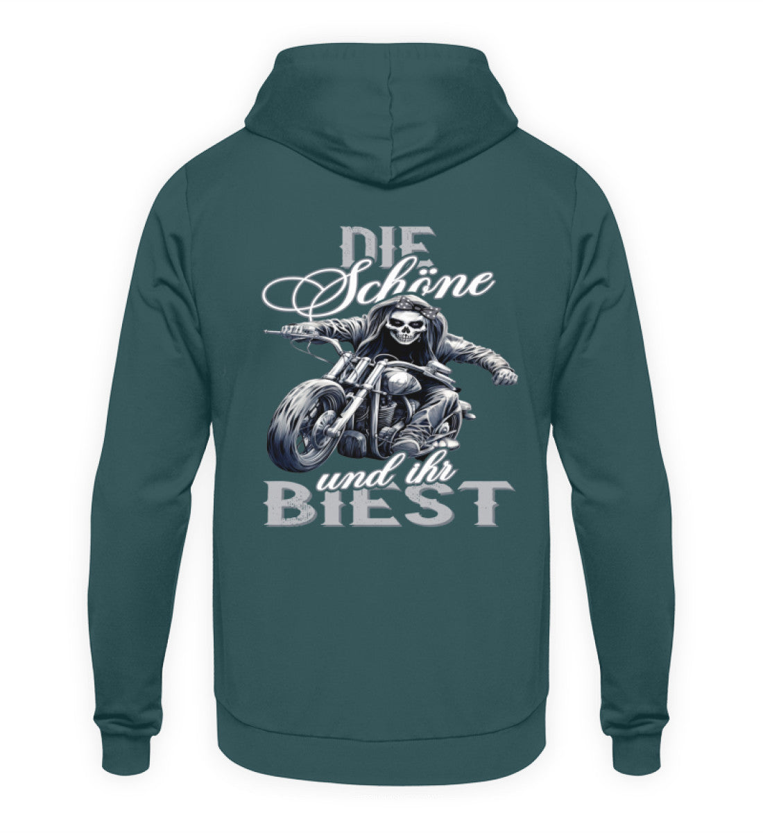 Ein Hoodie für Motorradfahrerinnen von Wingbikers mit dem Aufdruck, Die Schöne und ihr Biest - mit Back Print, in petrol.