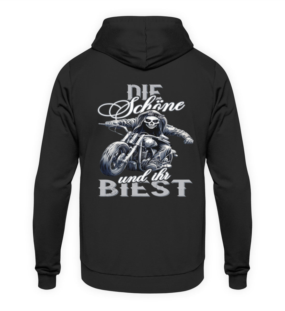 Ein Hoodie für Motorradfahrerinnen von Wingbikers mit dem Aufdruck, Die Schöne und ihr Biest - mit Back Print, in schwarz.
