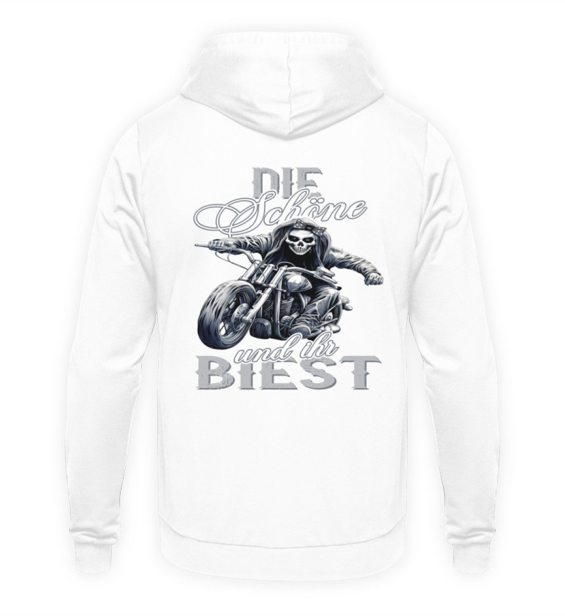 Ein Hoodie für Motorradfahrerinnen von Wingbikers mit dem Aufdruck, Die Schöne und ihr Biest - mit Back Print, in weiß.