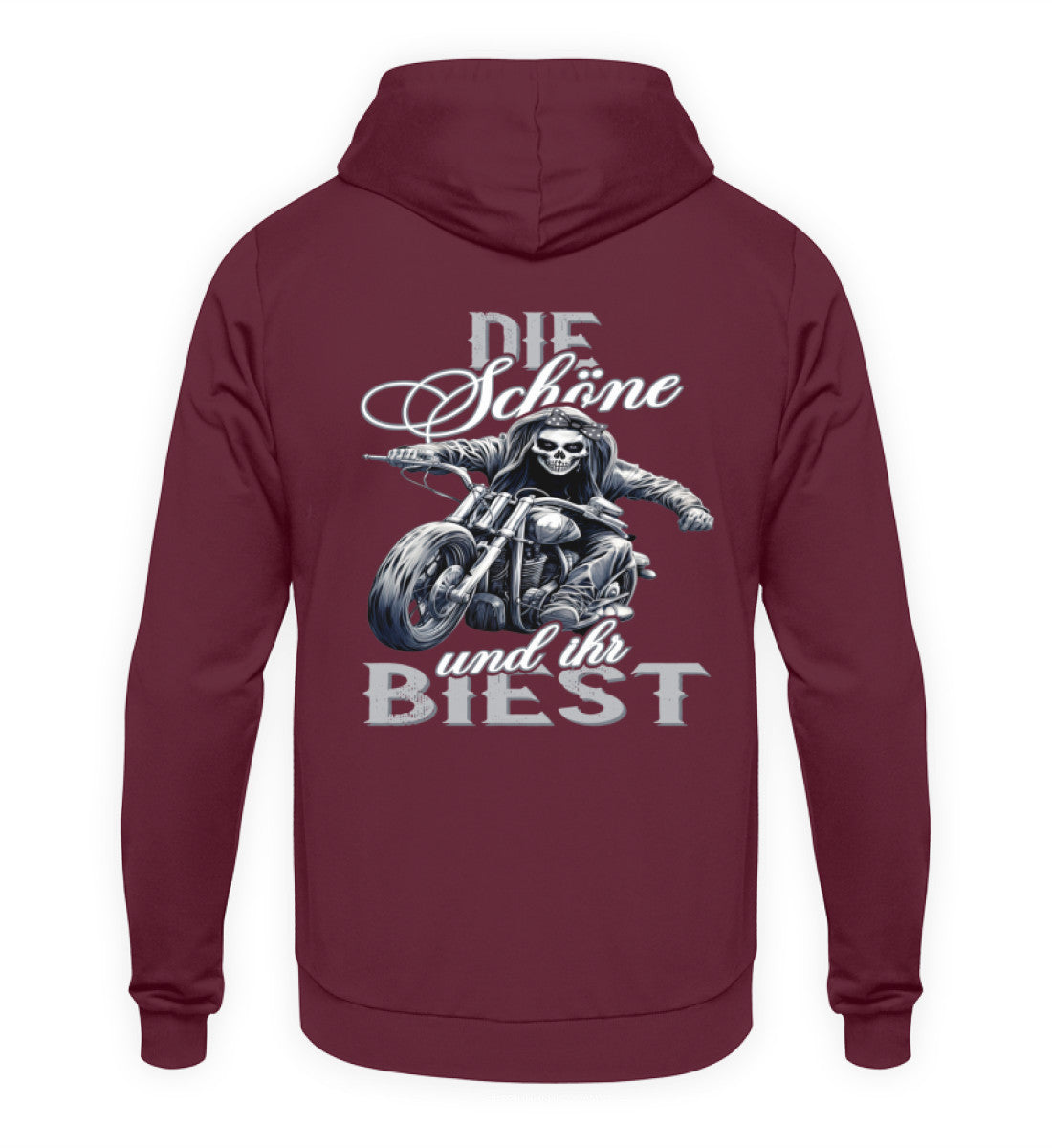 Ein Hoodie für Motorradfahrerinnen von Wingbikers mit dem Aufdruck, Die Schöne und ihr Biest - mit Back Print, in weinrot.