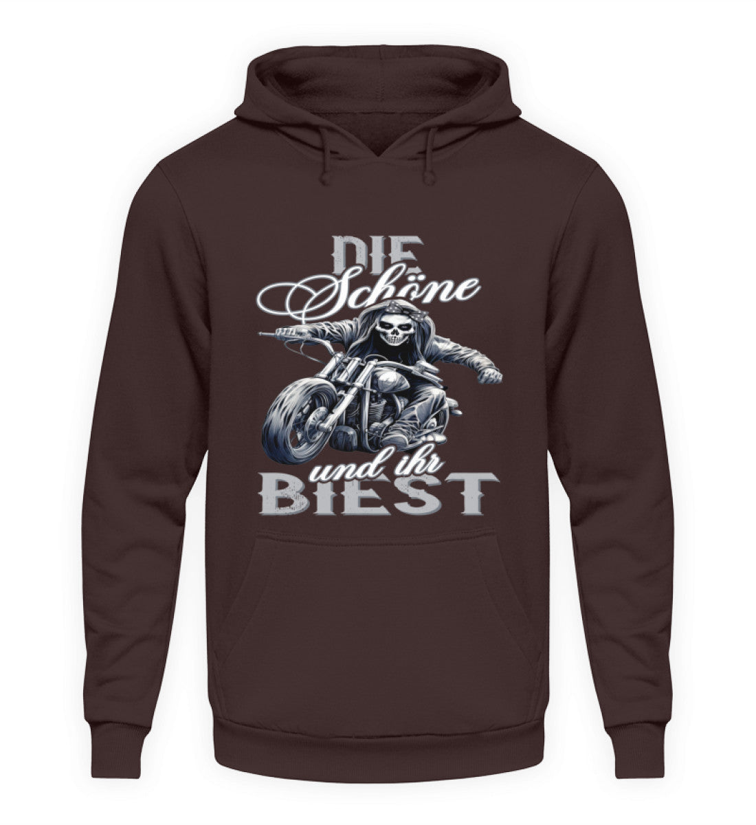 Ein Hoodie für Motorradfahrerinnen von Wingbikers mit dem Aufdruck, Die Schöne und ihr Biest - in braun.