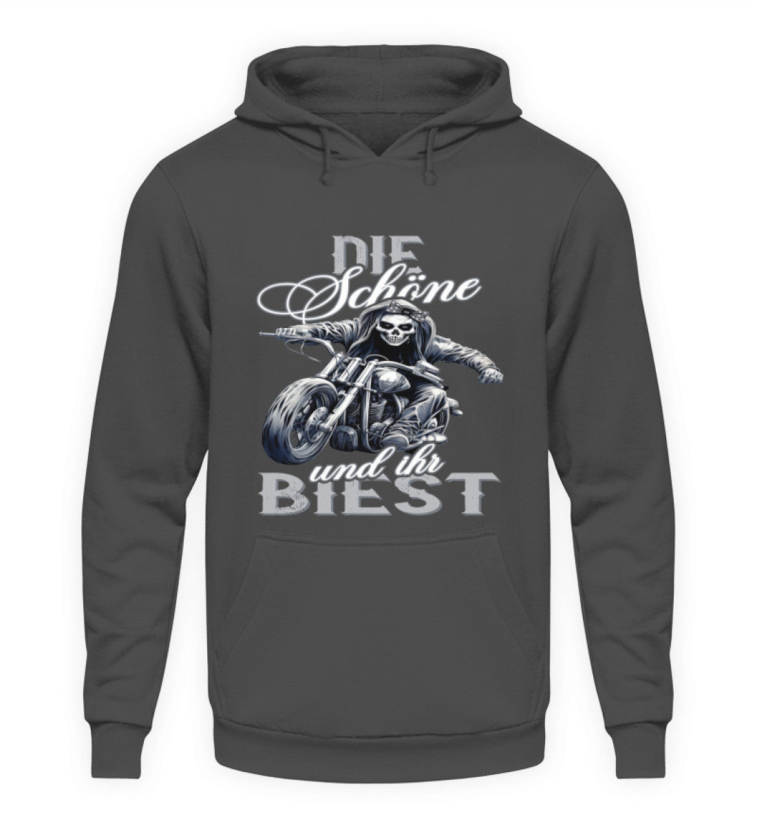 Ein Hoodie für Motorradfahrerinnen von Wingbikers mit dem Aufdruck, Die Schöne und ihr Biest - in stahlgrau.