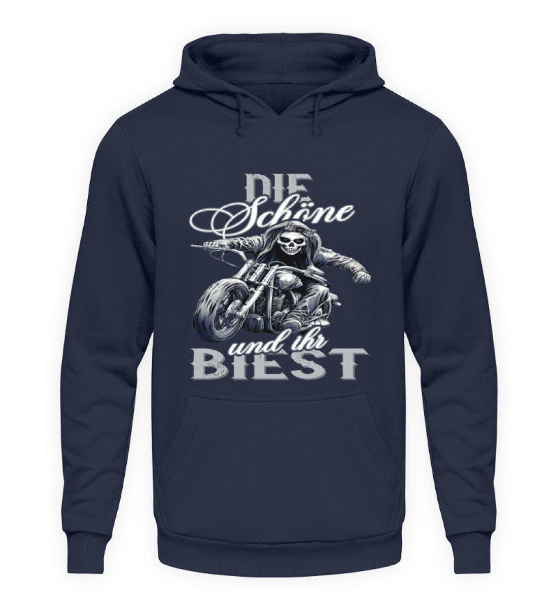 Ein Hoodie für Motorradfahrerinnen von Wingbikers mit dem Aufdruck, Die Schöne und ihr Biest - in navy.