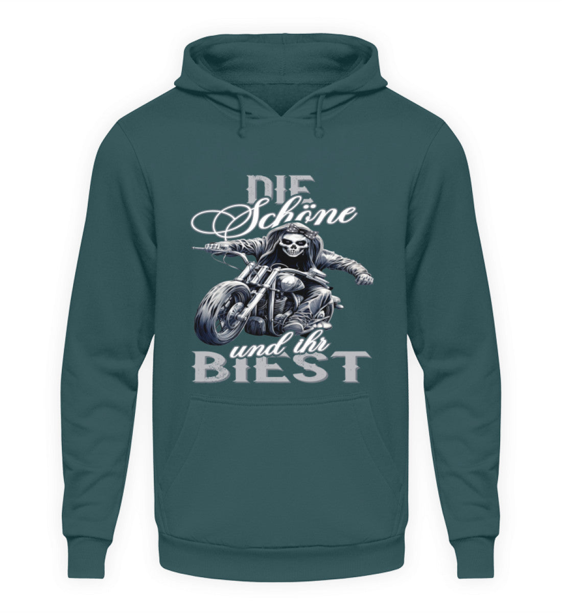 Ein Hoodie für Motorradfahrerinnen von Wingbikers mit dem Aufdruck, Die Schöne und ihr Biest - in türkis.