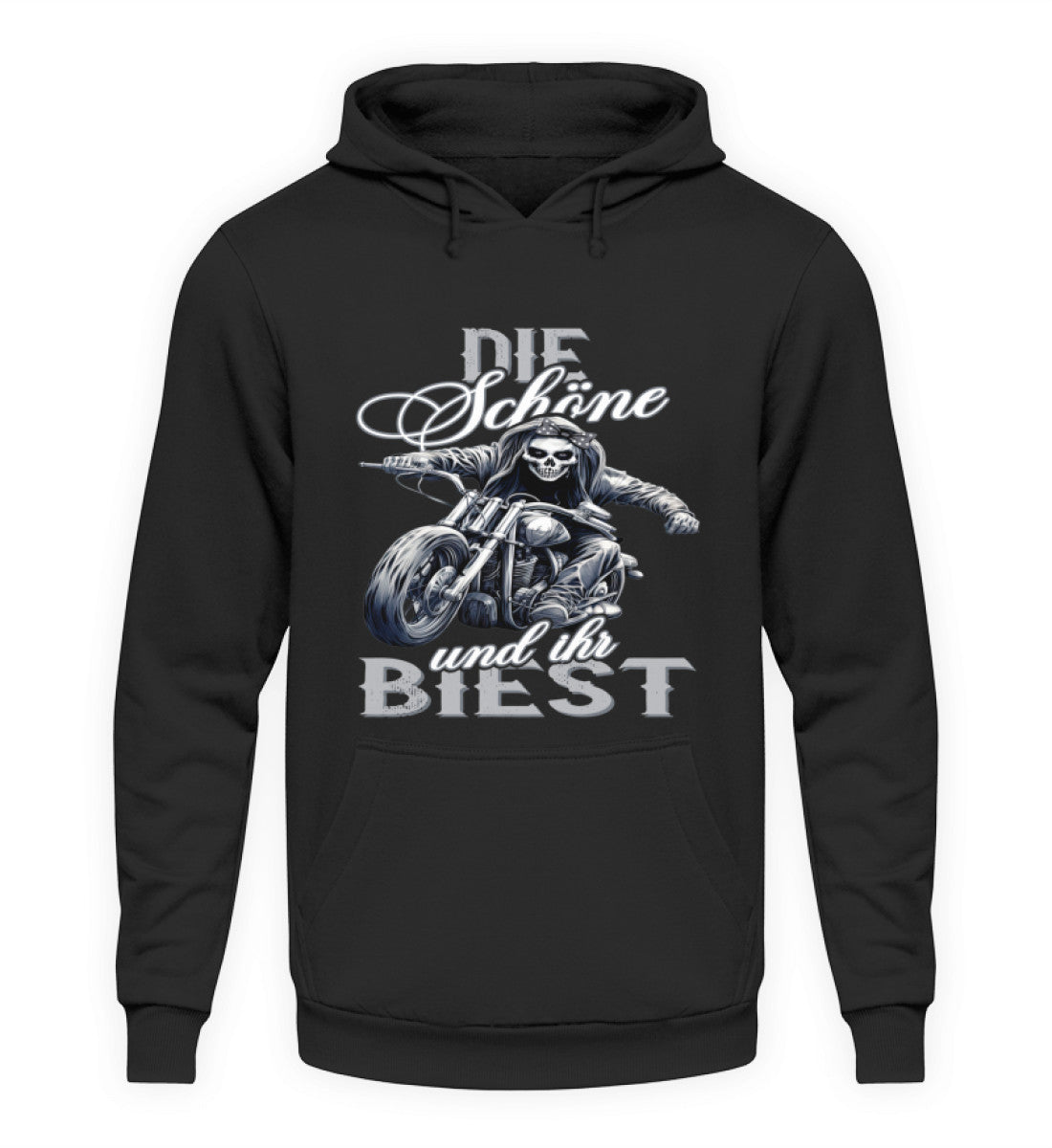 Ein Hoodie für Motorradfahrerinnen von Wingbikers mit dem Aufdruck, Die Schöne und ihr Biest - in schwarz.
